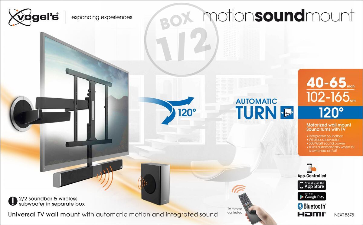 Vogel's MotionSoundMount (NEXT 8375) Elektrisch schwenkbare TV-Wandhalterung mit integriertem Sound 40 65 Beweglich (bis zu 120°) Packaging front
