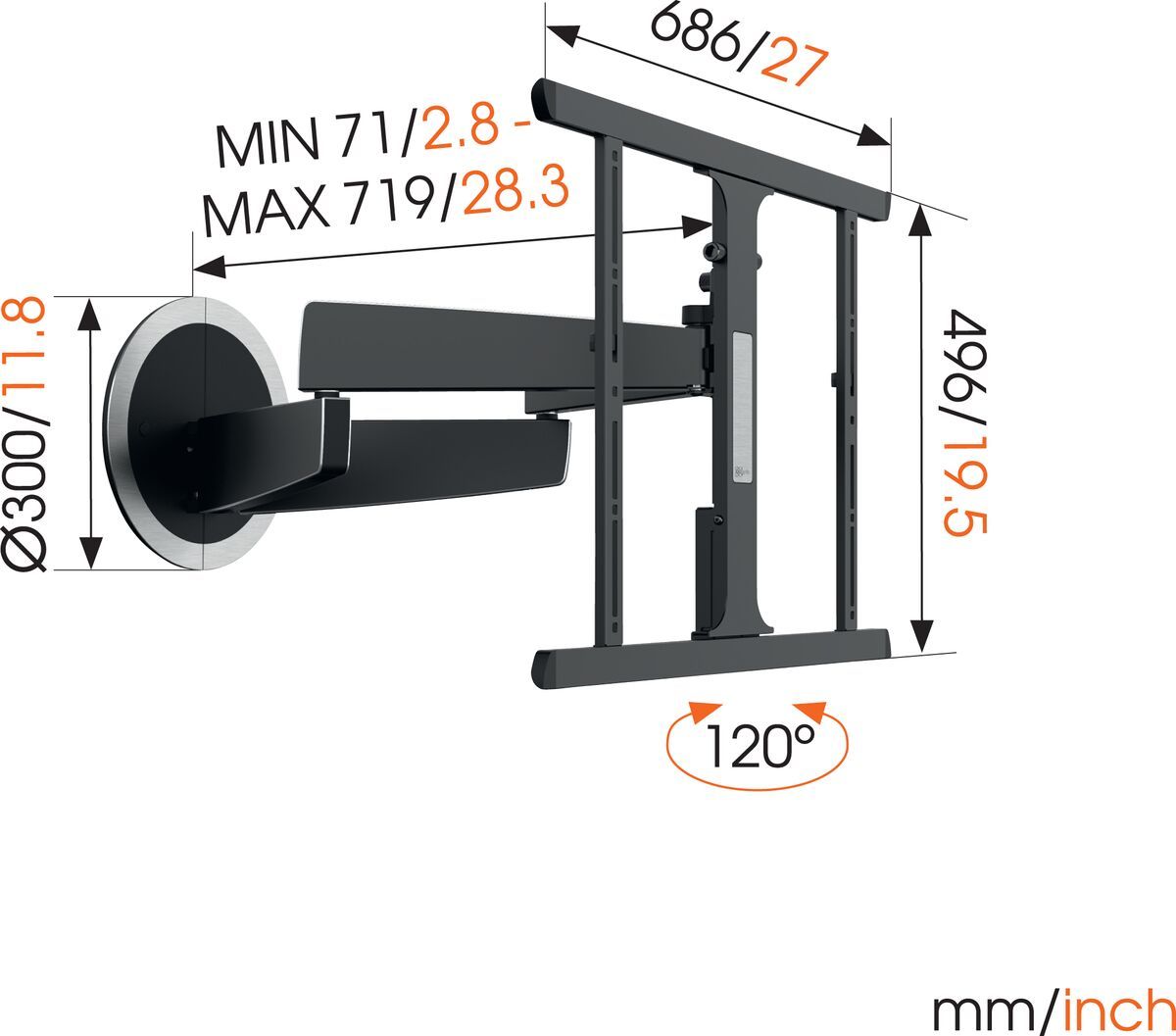 Vogel's MotionMount (NEXT 7355) Elektrisch schwenkbare TV-Wandhalterung - Geeignet für Fernseher von 40 bis 65 Zoll und einem Gewicht bis zu Beweglich (bis zu 120°) - Dimensions