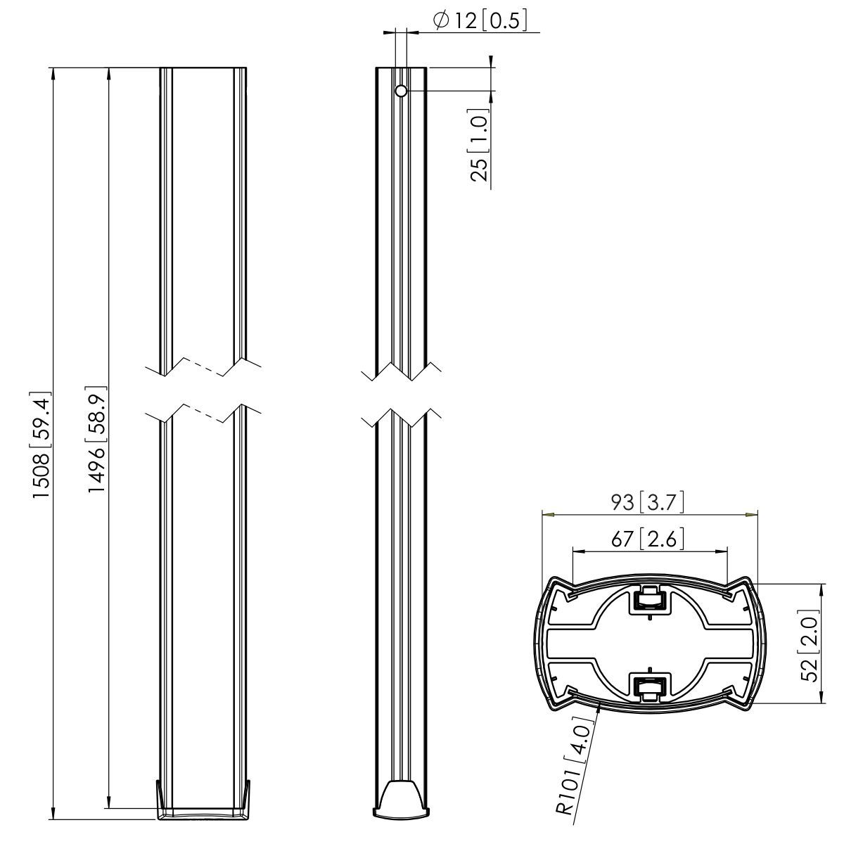 Vogel's PUC 2515S Tube - Dimensions