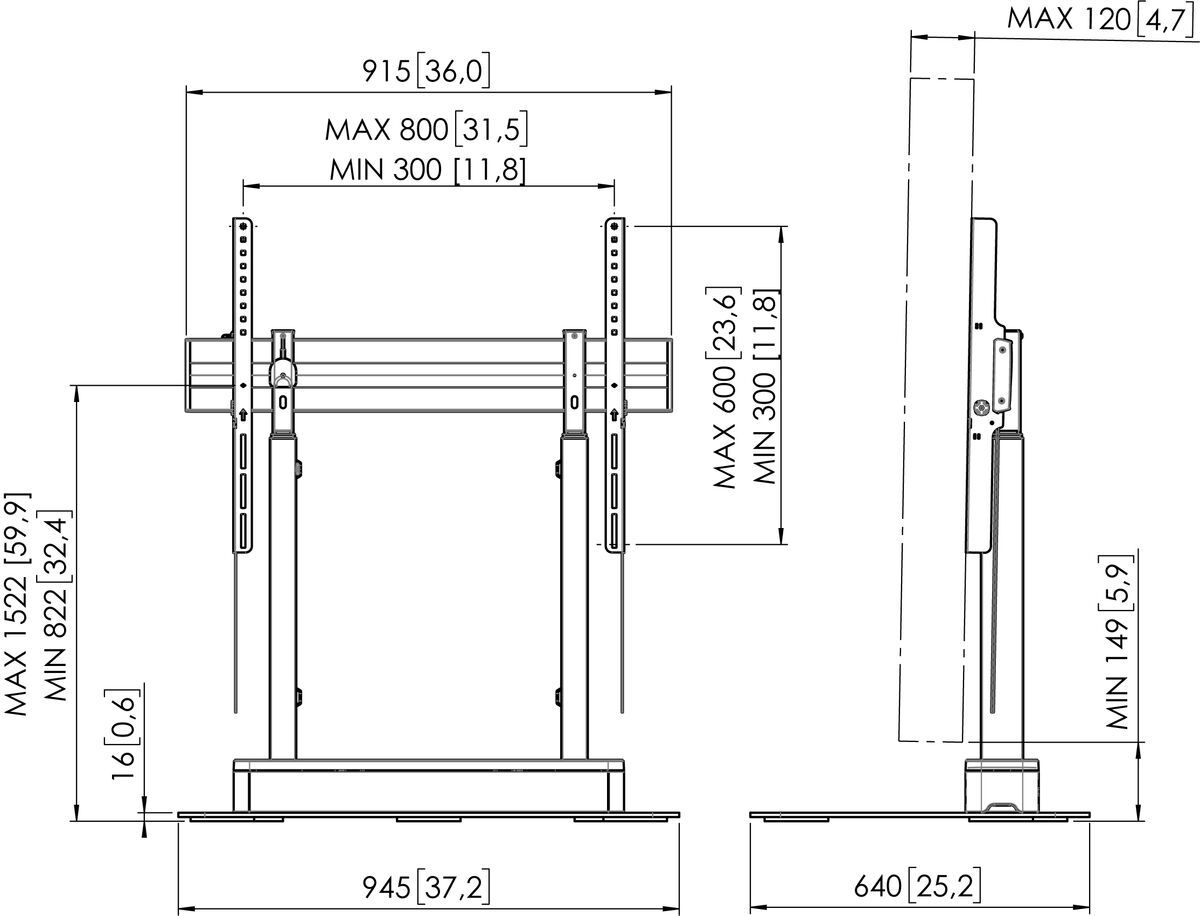 Vogel's RISE 4105 Motorisierter Display-Lift-Bodenständer Dimensions