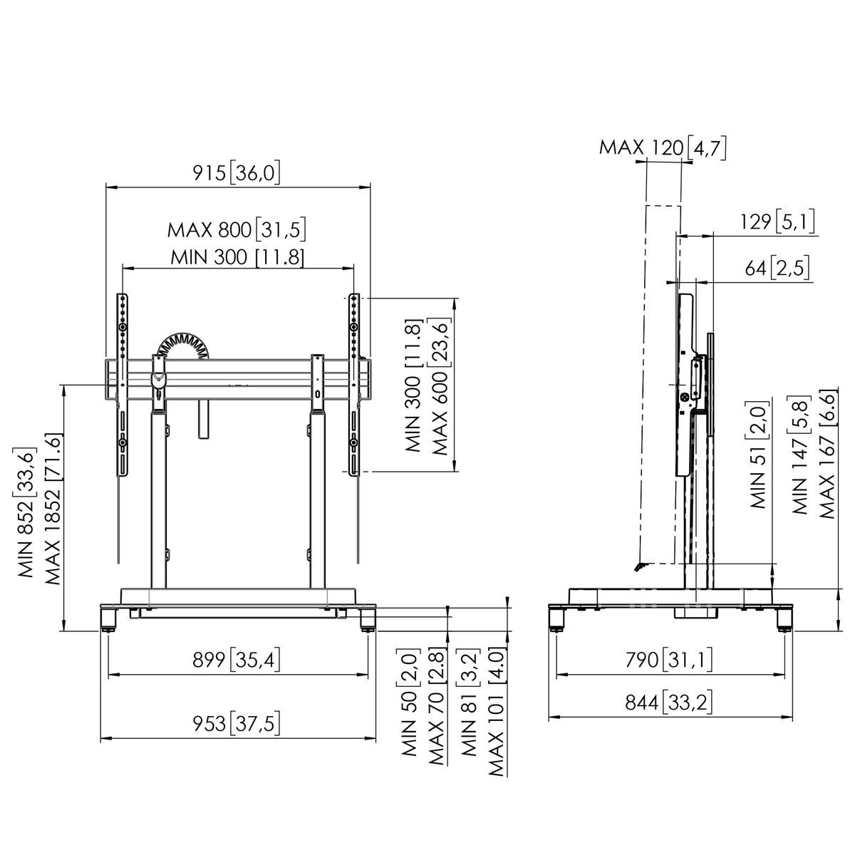 Vogel's RISE 5105 Motorized Display Lift Floor Stand Dimensions