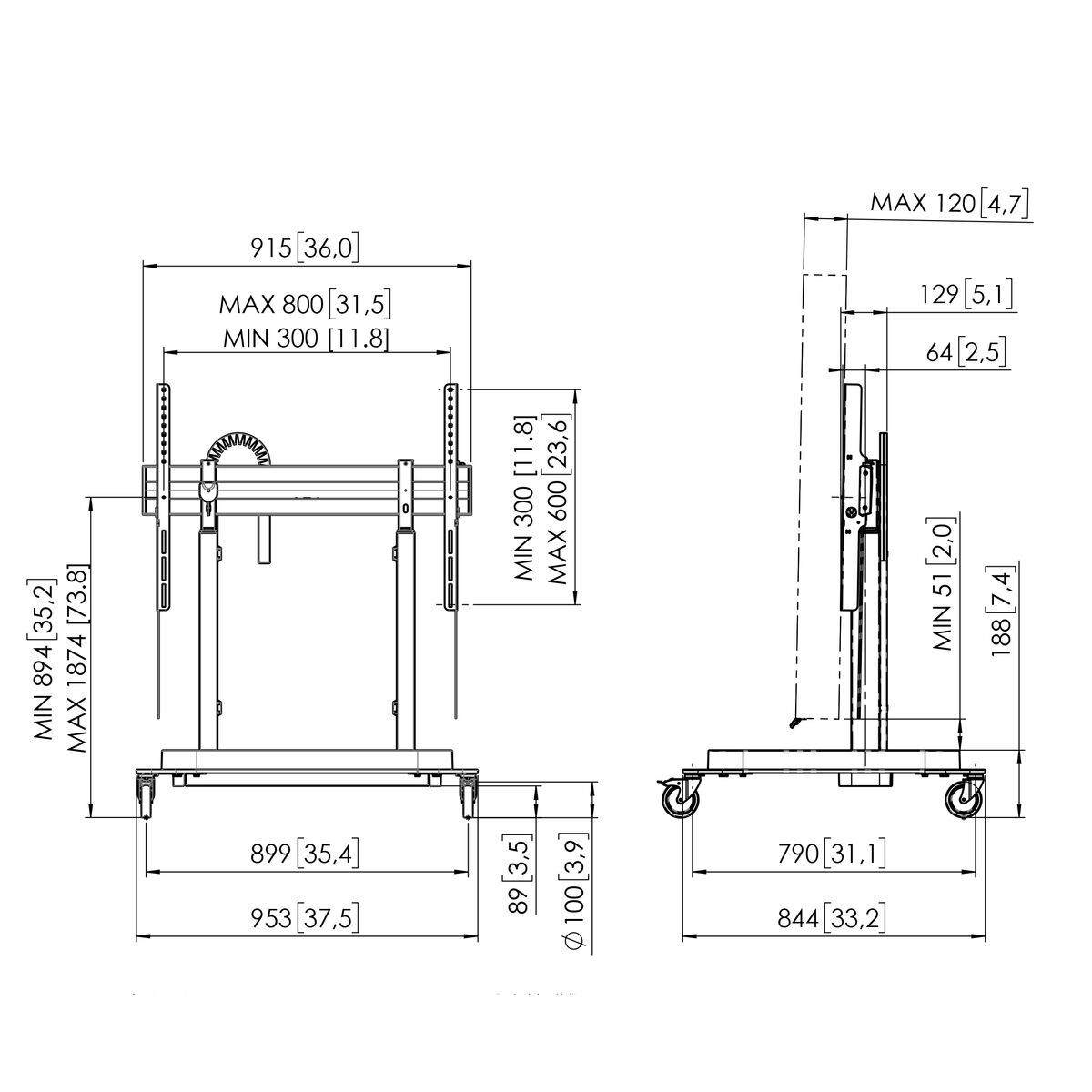 Vogel's RISE 5208 Motorized Display Lift Trolley Dimensions
