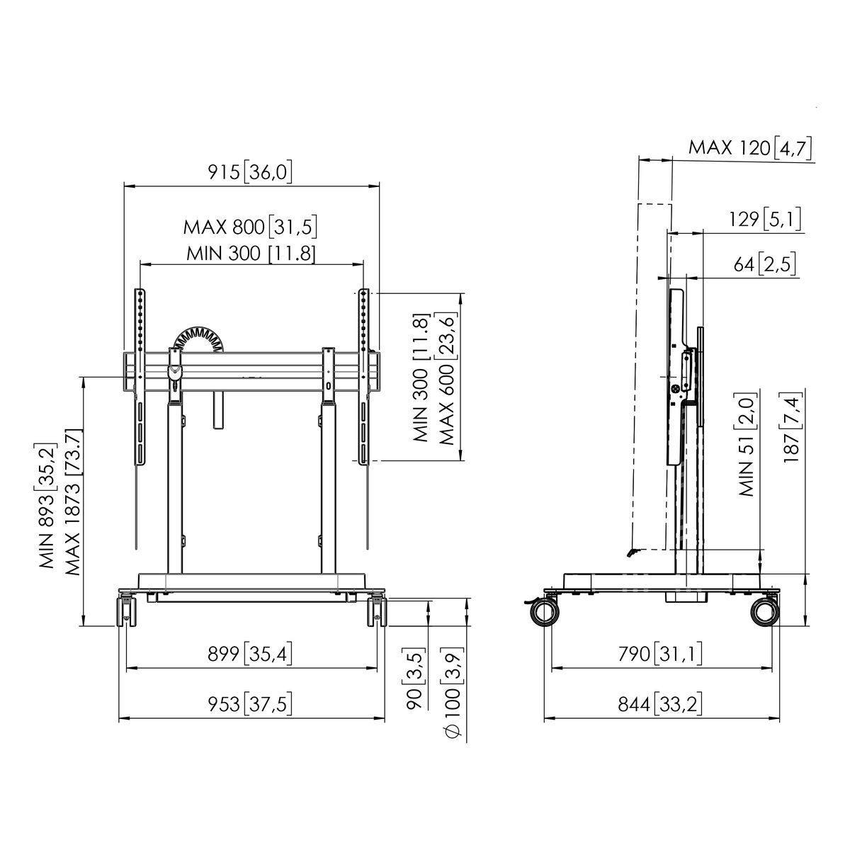 Vogel's RISE 5305 trolley con elevador de pantalla eléctrico Dimensions
