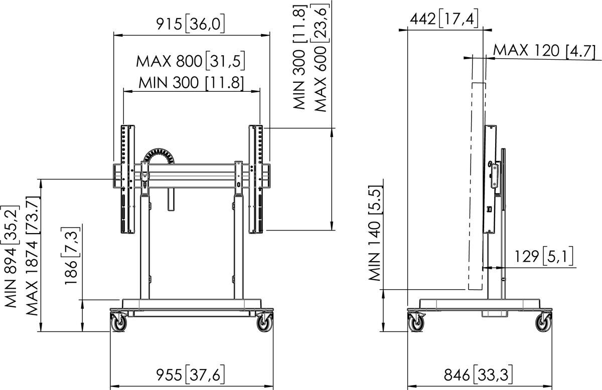 Vogel's RISE 5200 Trolley mit elektrischem Display Lift DirectControl Dimensions