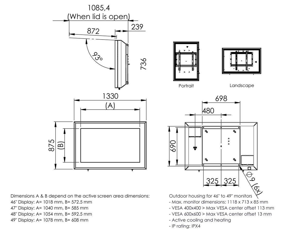 Vogel's S092.1600.1 Boîtier d'extérieur pour écran, 46-49" Dimensions