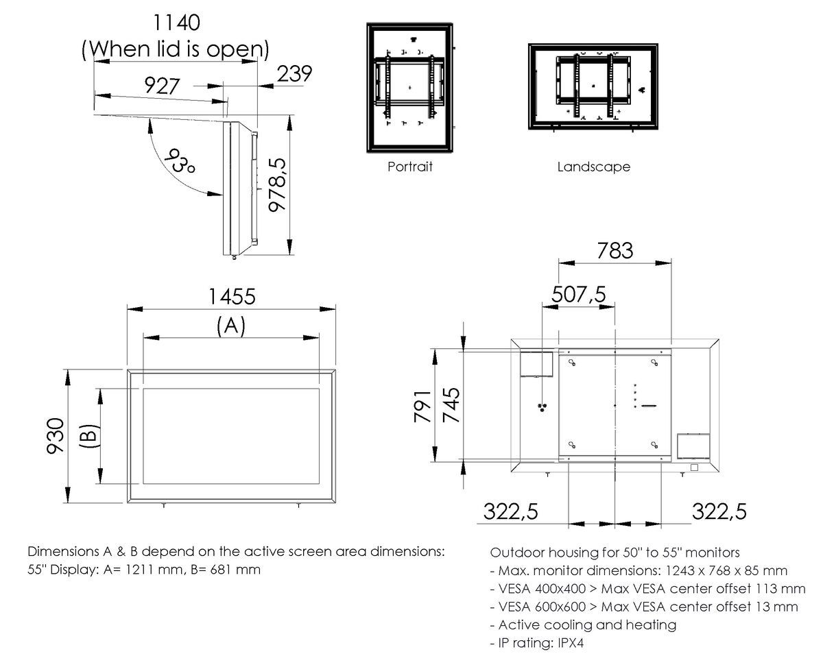 Vogel's S092.1600.2 Boîtier d'extérieur pour écran, 50-55" Dimensions