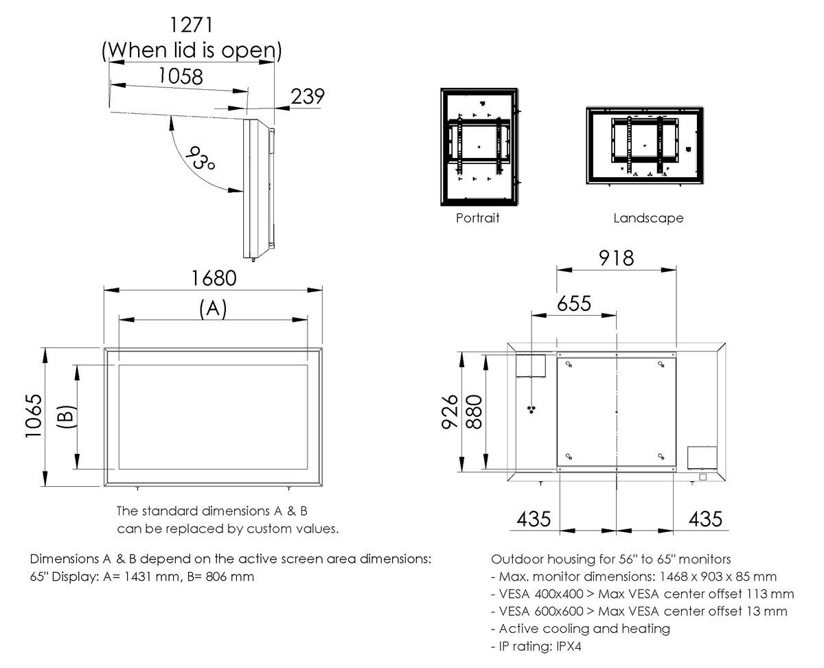 Vogel's S092.1600.3 Boîtier d'extérieur pour écran, 56-65" Dimensions