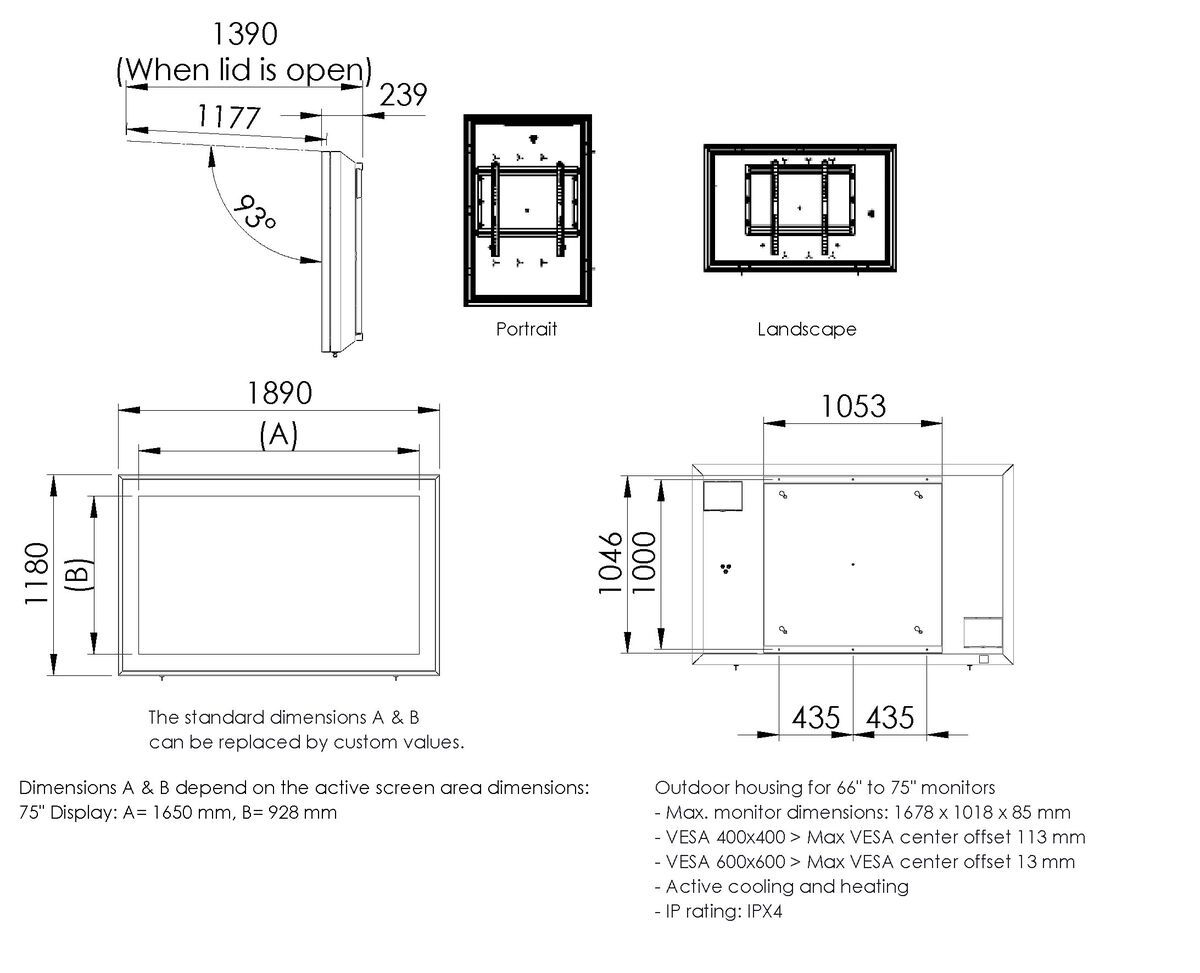 Vogel's S092.1600.4 Boîtier d'extérieur pour écran, 66-75" Dimensions