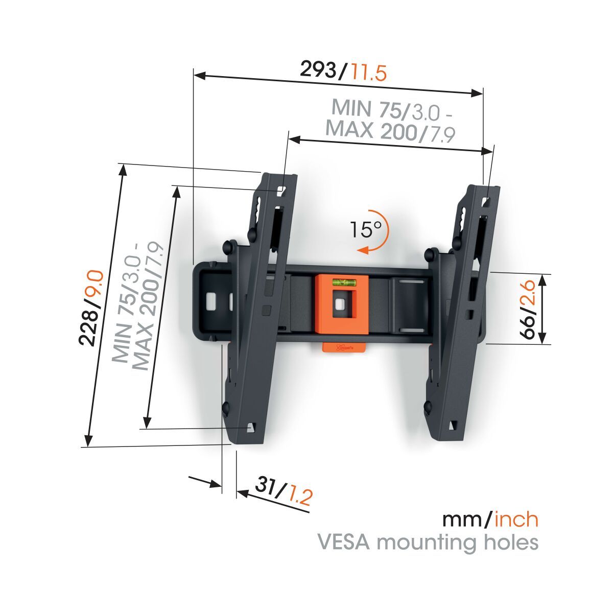 Vogel's TVM 1215 Support TV Inclinable - Convient aux téléviseurs de 19 à 43 pouces - Inclinaison jusqu'à 15° - Dimensions