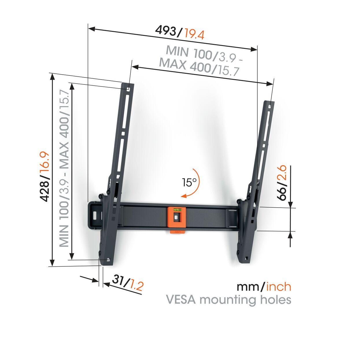 Vogel's TVM 1413 Tilting TV Wall Mount - Suitable for 32 up to 65 inch TVs - Tilt up to 15° - Dimensions