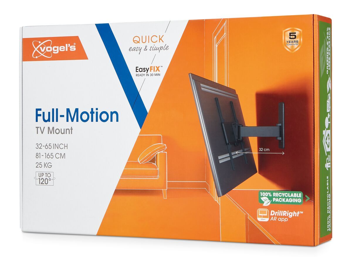 Vogel's TVM 1425 Full-Motion TV Wall Mount - Suitable for 32 up to 65 inch TVs - Motion (up to 120°) swivel - Tilt up to 15° - Pack shot 3D