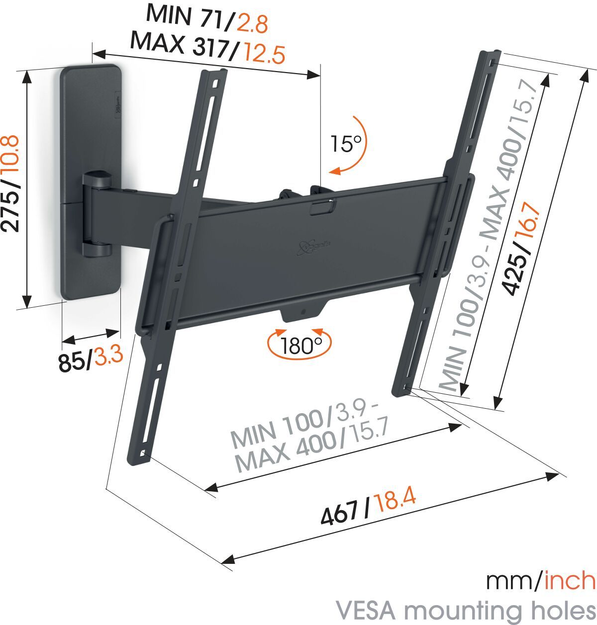 Vogel's TVM 1425 Schwenkbare TV-Wandhalterung - Geeignet für Fernseher von 32 bis 65 Zoll - Beweglich (bis zu 120°) schwenkbar - Bis zu 15° neigbar - Dimensions