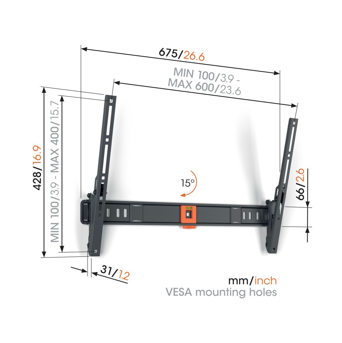 Vogel's TVM 1615 Support TV Inclinable - Convient aux téléviseurs de 40 à 77 pouces - Inclinaison jusqu'à 15° - Dimensions