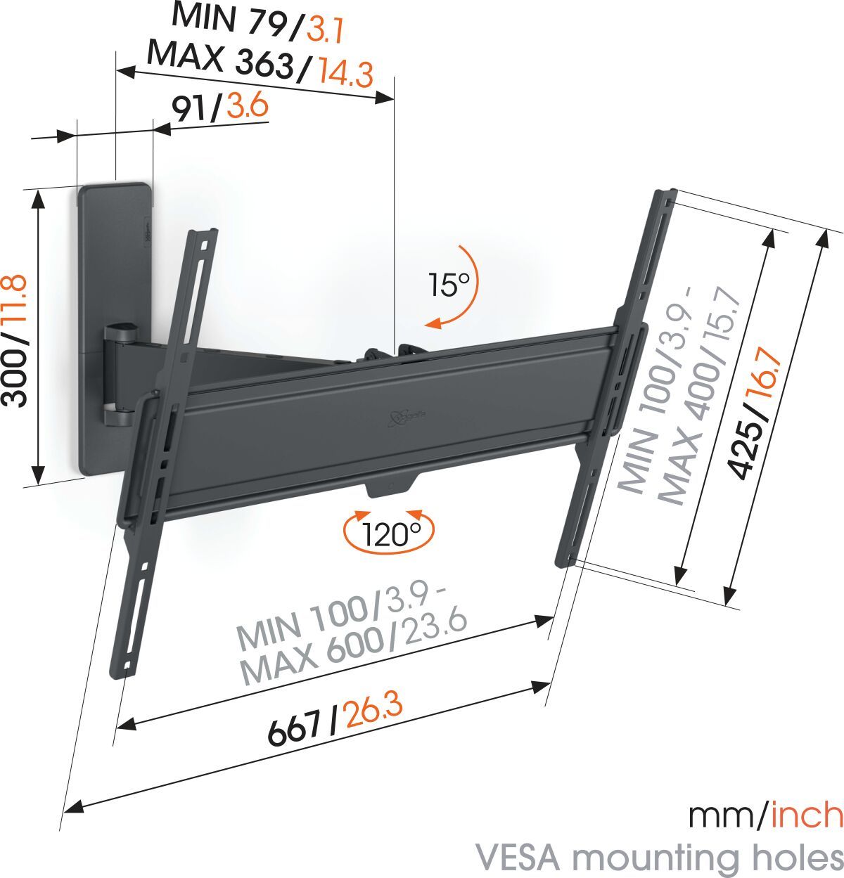 Vogel's TVM 1625 Schwenkbare TV-Wandhalterung - Geeignet für Fernseher von 40 bis 77 Zoll - Bis zu 120° schwenkbar - Bis zu 15° neigbar - Dimensions