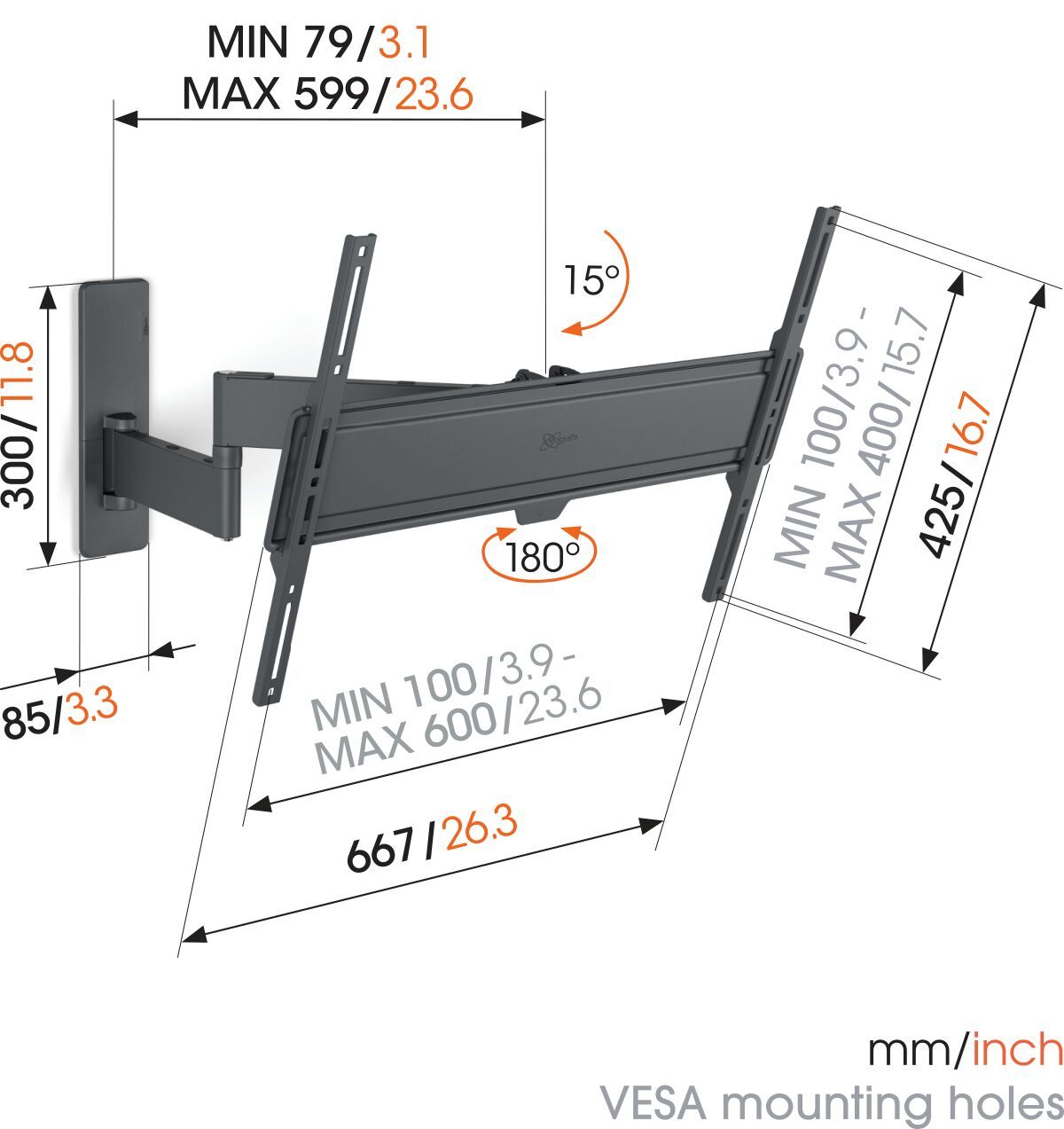 Vogel's TVM 1643 Full-Motion TV Wall Mount - Suitable for 40 up to 77 inch TVs - Full motion (up to 180°) swivel - Tilt up to 15° - Dimensions