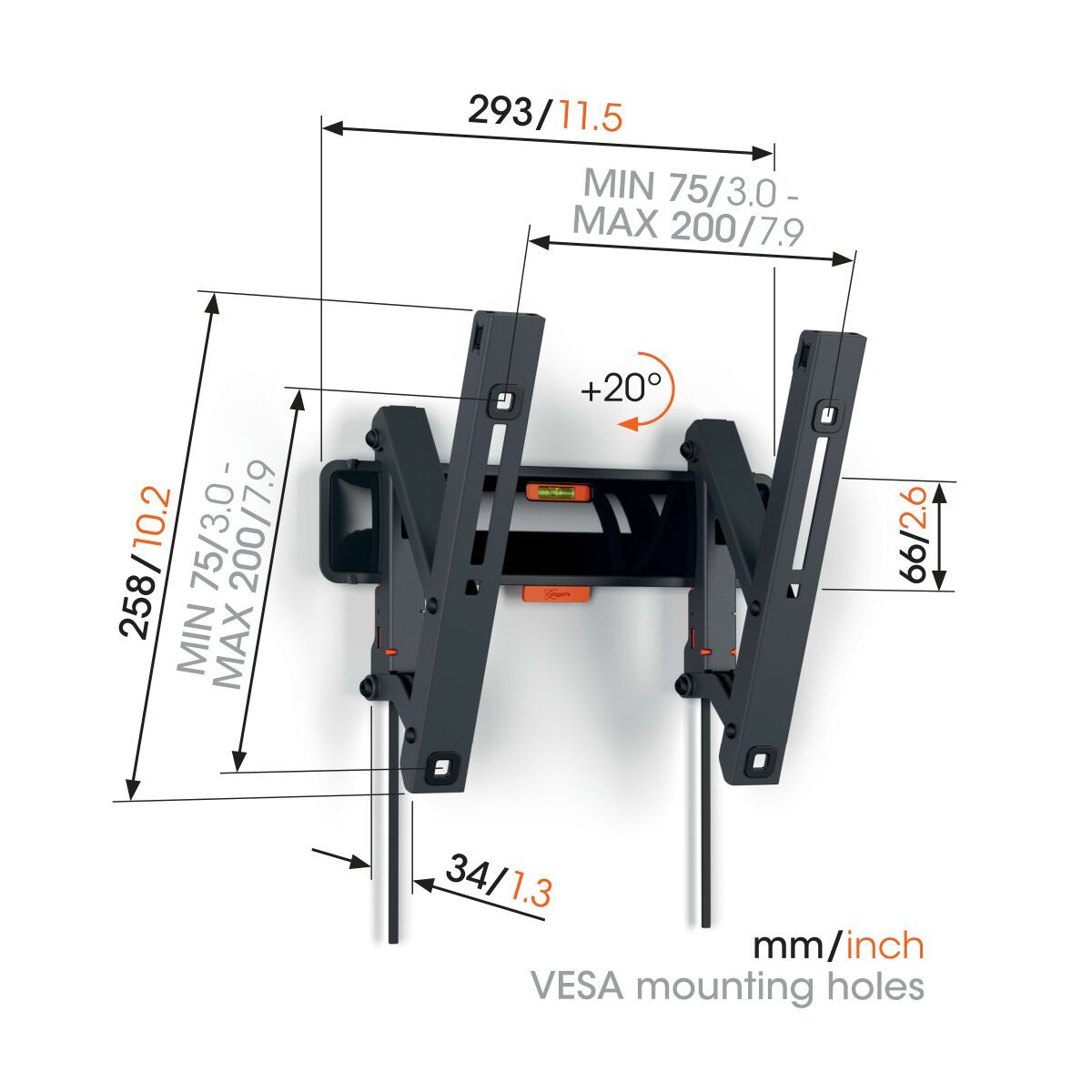 Vogel's TVM 3215 Support TV Inclinable - Convient aux téléviseurs de 19 à 43 pouces - Inclinaison jusqu'à 20° - Dimensions