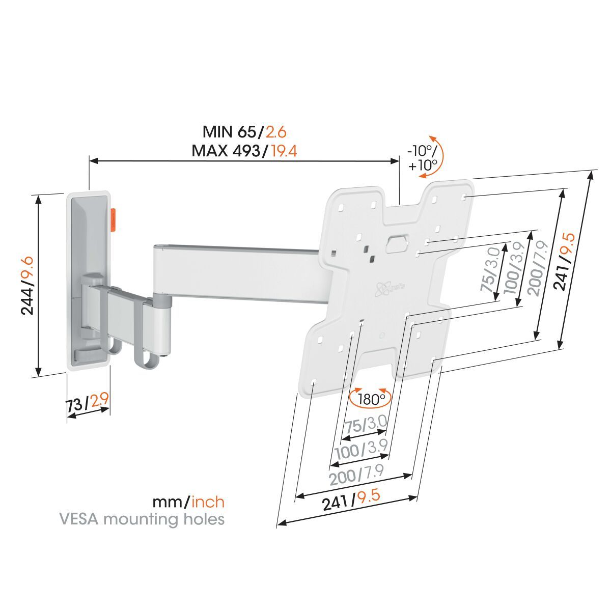 Vogel's TVM 3245 Schwenkbare TV-Wandhalterung (Weiß) - Geeignet für Fernseher von 19 bis 43 Zoll - Voll beweglich (bis zu 180°) schwenkbar - Bis zu 20° neigbar - Dimensions