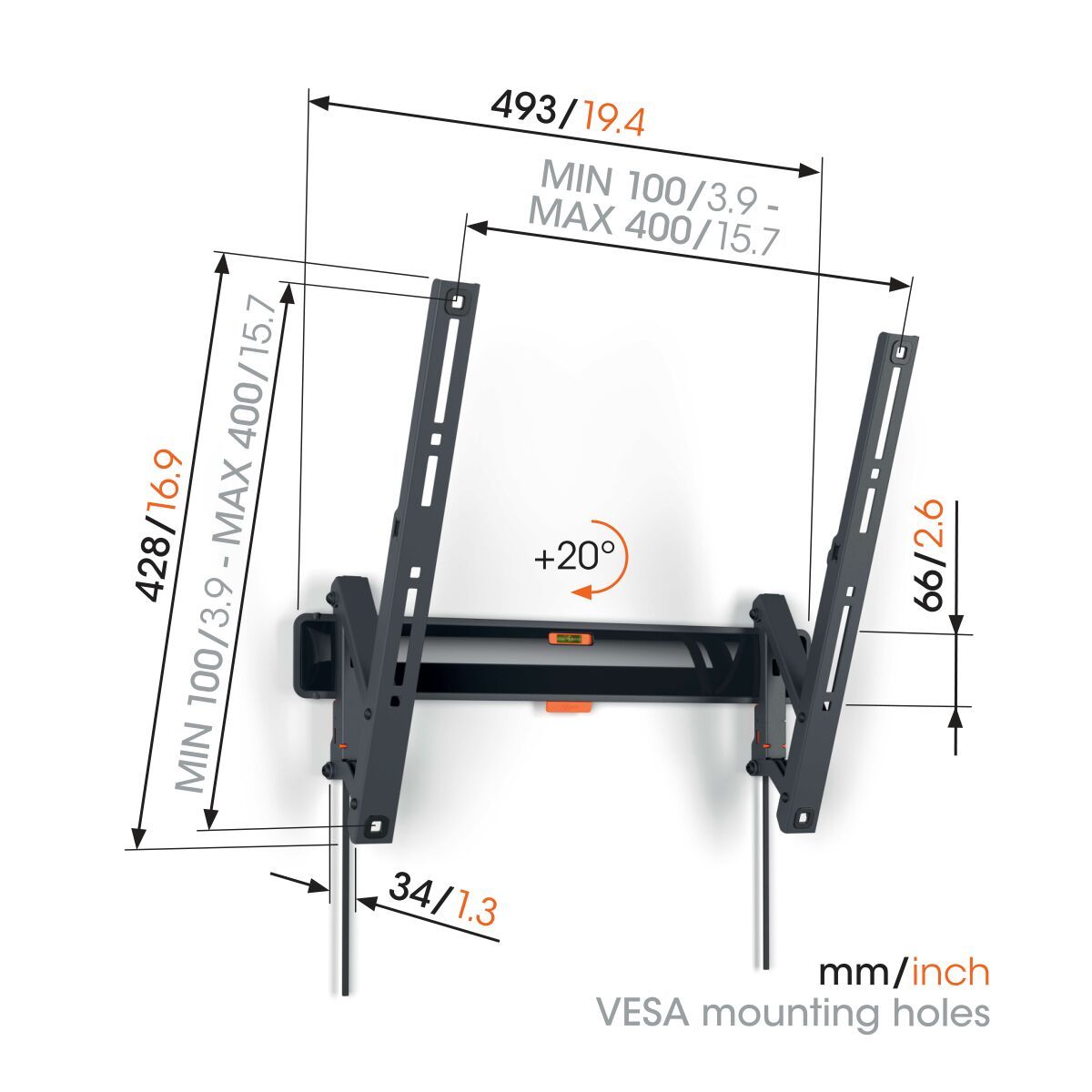 Vogel's TVM 3415 Tilting TV Wall Mount - Suitable for 32 up to 65 inch TVs - Tilt up to 20° - Dimensions