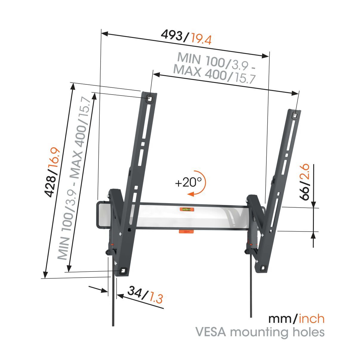 Vogel's TVM 3412 Support TV Inclinable - Convient aux téléviseurs de 32 à 65 pouces - Inclinaison jusqu'à 20° - Dimensions