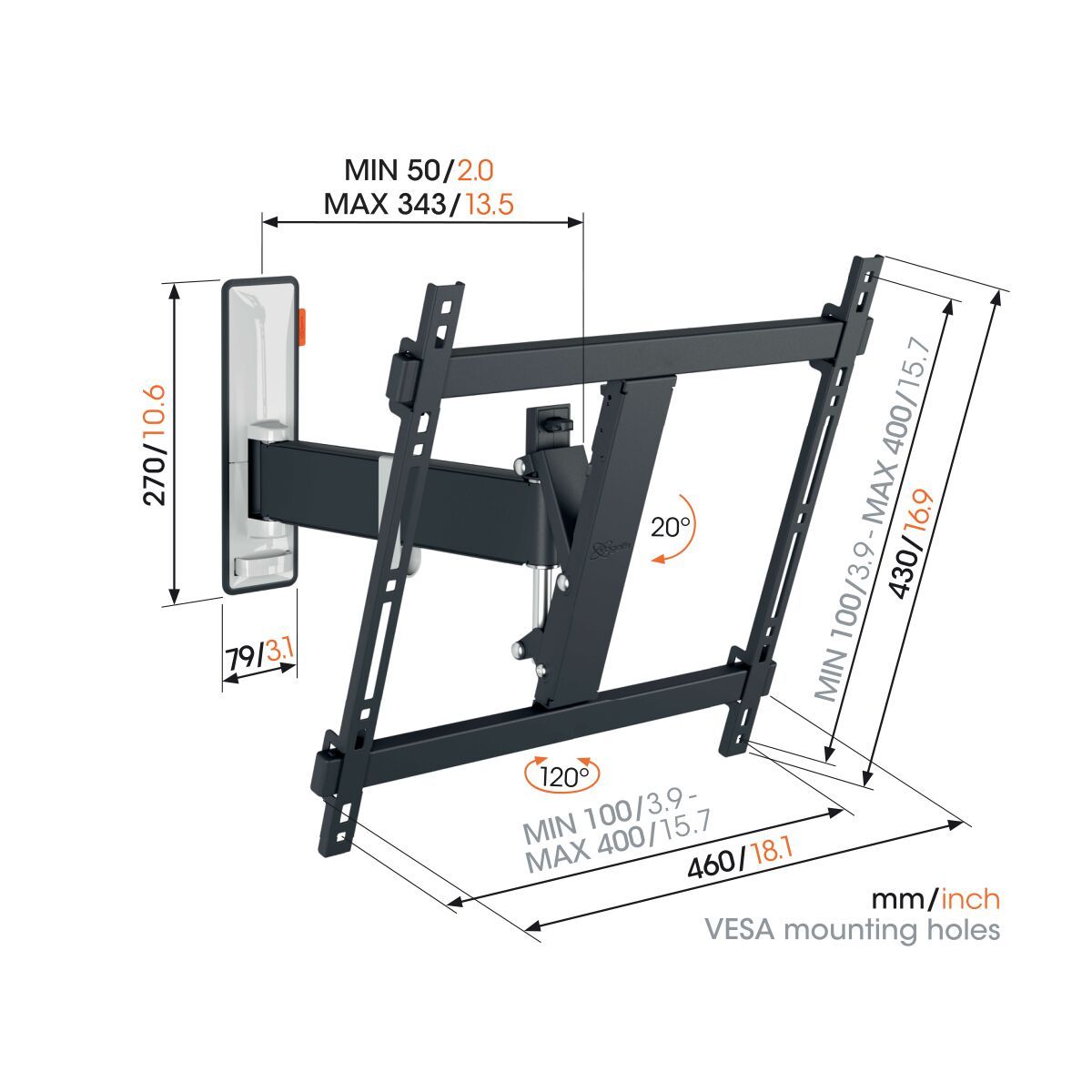 Vogel's TVM 3422 Support TV Orientable - Convient aux téléviseurs de 32 à 65 pouces - Rotation (jusqu'à 120°) orientable - Inclinaison jusqu'à 20° - Dimensions