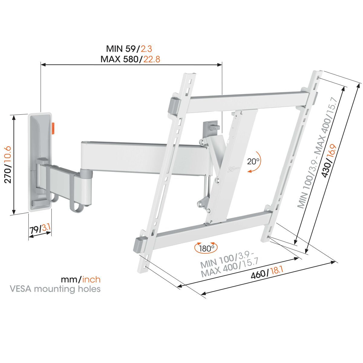 Vogel's TVM 3445 Full-Motion TV Wall Mount (white) - Suitable for 32 up to 65 inch TVs - Full motion (up to 180°) swivel - Tilt up to 20° - Dimensions