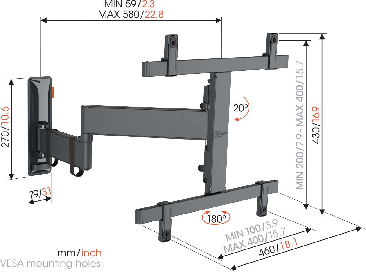 Vogel's TVM 3463 Full-Motion TV Wall Mount - Suitable for 32 up to 65 inch TVs - Full motion (up to 180°) swivel - Tilt up to 20° - Dimensions