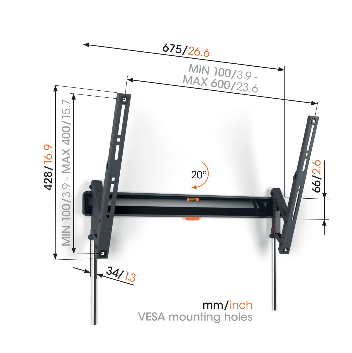 Vogel's TVM 3613 Tilting TV Wall Mount - Suitable for 40 up to 77 inch TVs - Tilt up to 20° - Dimensions