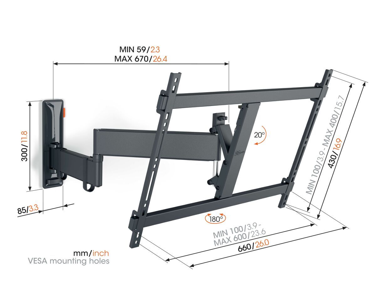Vogel's TVM 3645 Full-Motion TV Wall Mount (black) - Suitable for 40 up to 77 inch TVs - Full motion (up to 180°) swivel - Tilt up to 20° - Dimensions