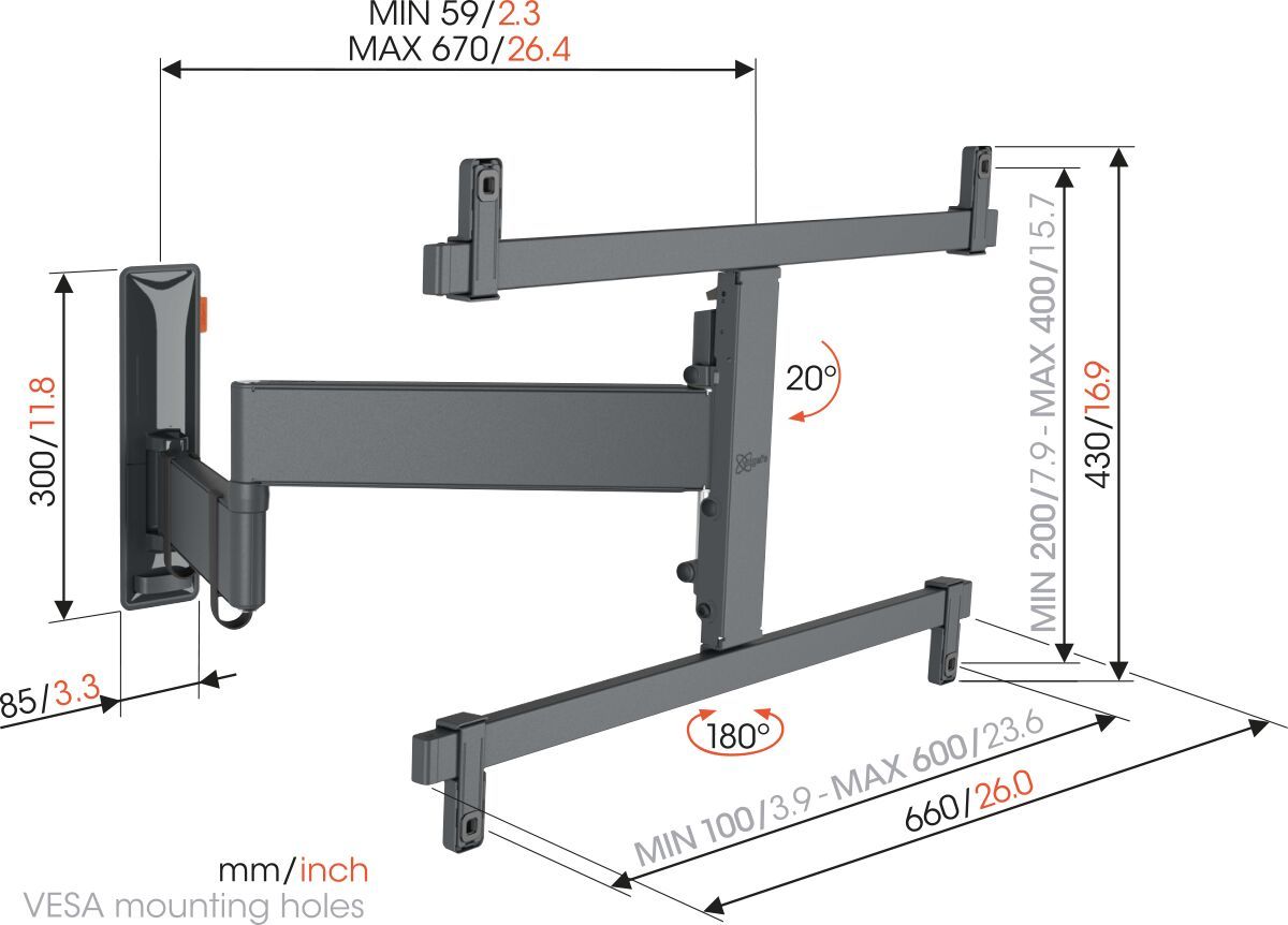 Vogel's TVM 3665 Full-Motion TV Wall Mount - Suitable for 40 up to 77 inch TVs - Full motion (up to 180°) swivel - Tilt up to 20° - Dimensions