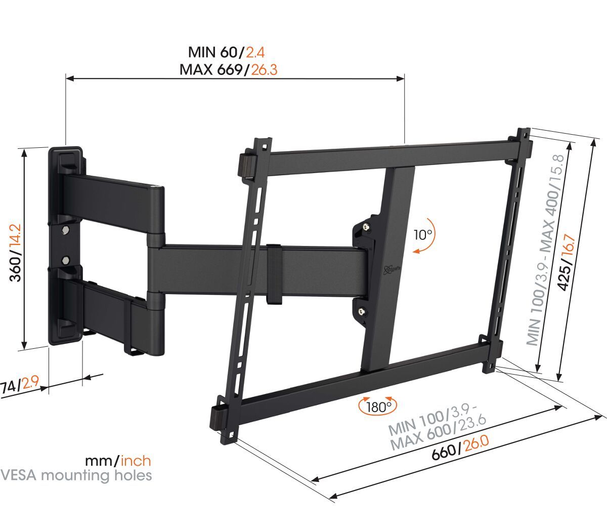 Vogel's TVM 3843 Full-Motion TV Wall Mount (black) - Suitable for 55 up to 100 inch TVs - Full motion (up to 180°) swivel - Tilt up to 10° - Dimensions